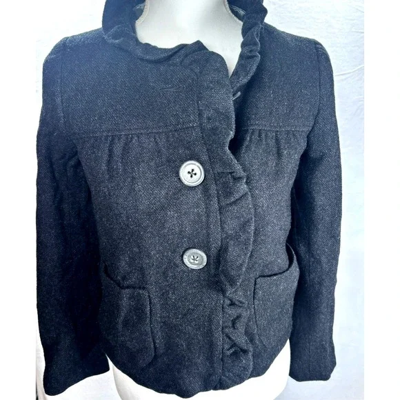 J CREW Jacket 100% Wool Ruffles‎ Preppy Black Academia Womens Sz 0 XS/Small - Picture 6 of 11